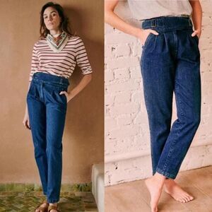 Sezane Francky Trousers Denim Blue Jeans Pleated Paperbag Waist Size 36/Size 4